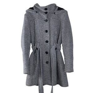 Gallery Women XL Black White Tweed Hooded Wool Blend Belted Parka Chore Coat